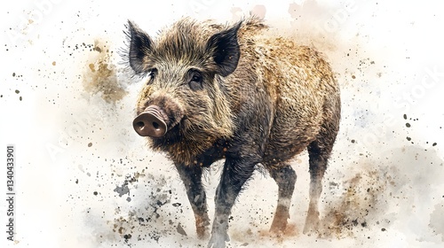 Watercolor painting of a wild boar on a white background