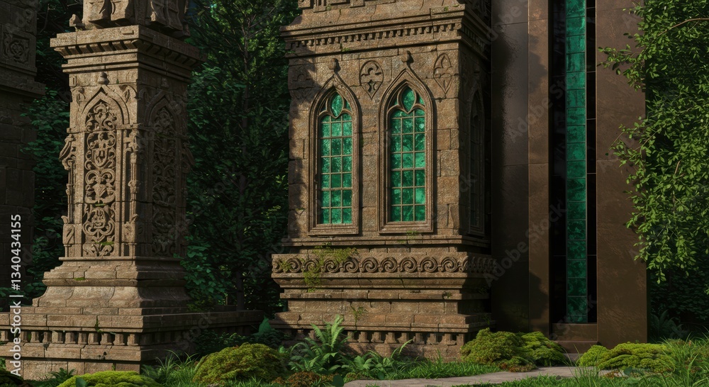 Ancient Stone Architecture Gothic Windows Overgrown Ruins Mystic Forest Setting Ancient Stone Architecture Gothic Windows Overgrown Ruins Mystic Forest Setting