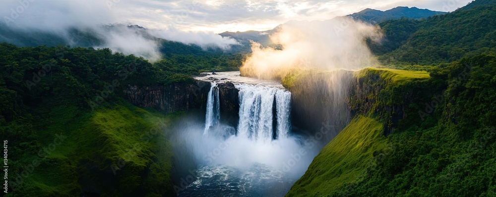 Fototapeta premium Waterfall landscape idea. Breathtaking waterfall cascades through lush green landscape with misty surroundings.