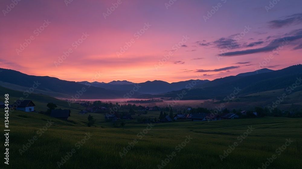 Obraz premium Majestic dawn hues illuminate a rural village nestled amongst rolling hills