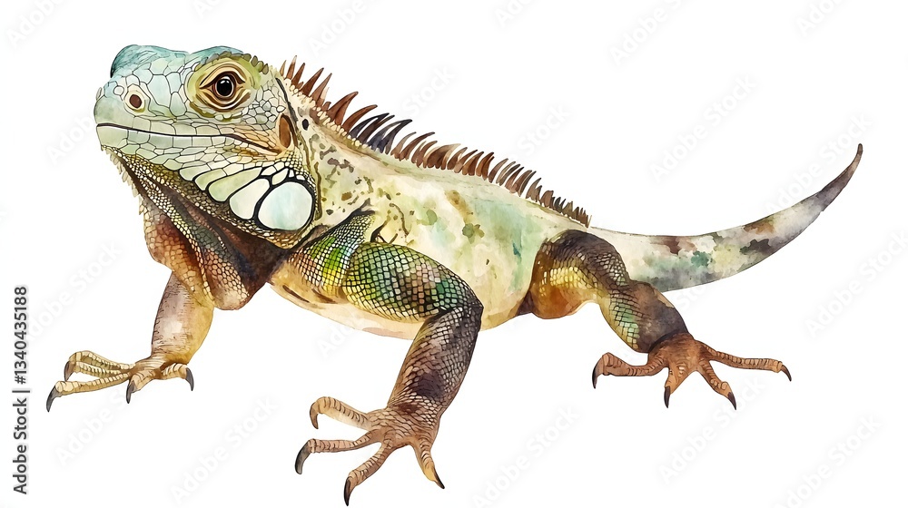 Obraz premium Watercolor painting depicts an iguana with detailed scales and textures