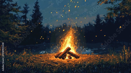 A pixel-art animated campfire crackling, with small logs of firewood burning brightly, casting a warm golden glow into the cool night air