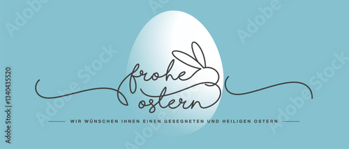 Happy Easter line design handwritten calligraphy typography lettering text on German language with bunny over white egg on sea green background greeting card