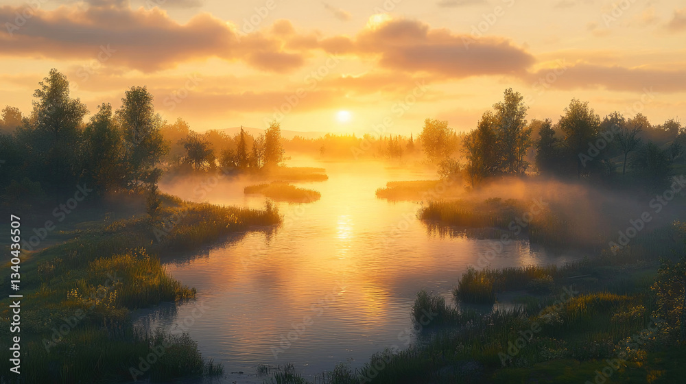 Obraz premium serene landscape sunrise, featuring calm river surrounded by lush greenery and mist. golden hour casts warm glow over tranquil scene