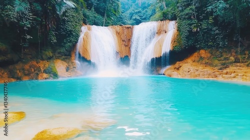 Waterfall landscape idea. Serene waterfall cascading into a crystal-clear pool surrounded by lush greenery.
