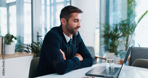 Man, lawyer and happy with laptop in office for legal review, contact or virtual consultation service. Person, attorney or advocate with computer, report and lead with info for court case at law firm