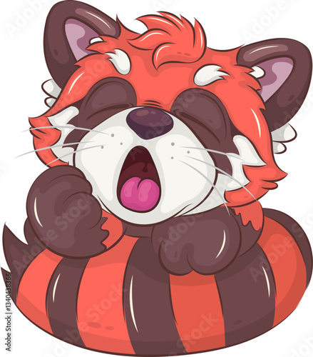 Sleepy Cartoon Red Panda. A cute cartoon red panda, wrapped in its tail, sleepily yawns. Unique design, children's mascot.