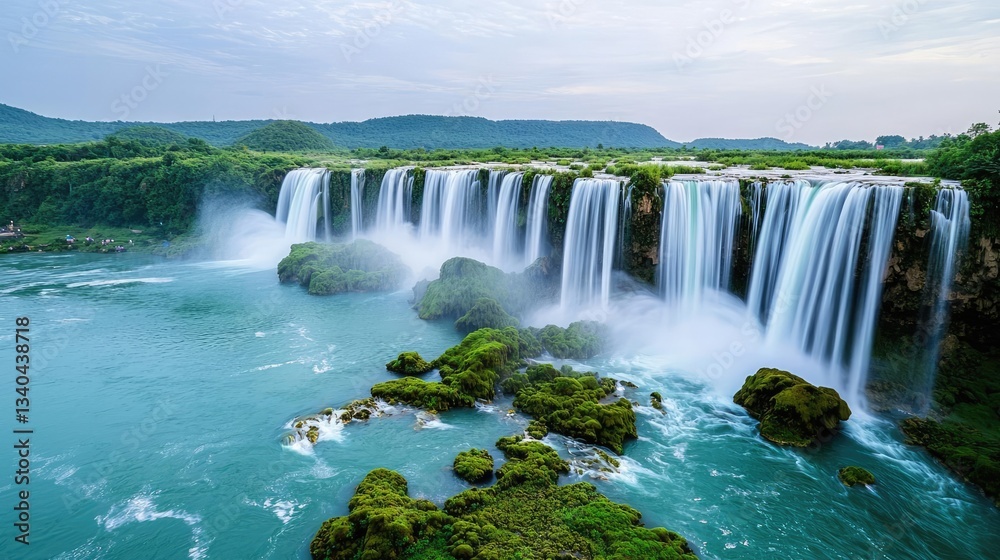 Fototapeta premium Waterfall landscape idea. Breathtaking view of a cascading waterfall surrounded by lush greenery.
