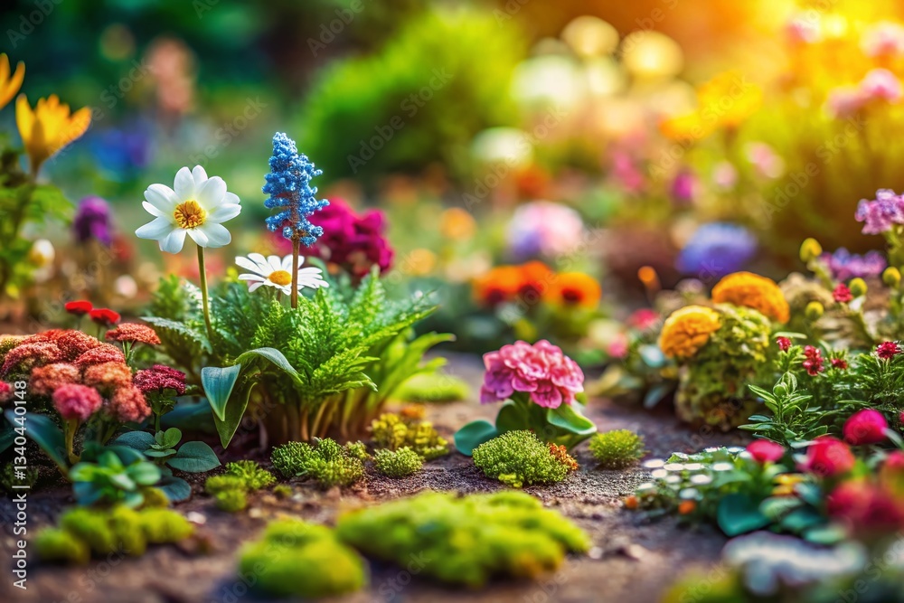 Obraz premium Miniature Garden: Fresh Flowers & Plants Scattered in a Natural Pattern - Tilt-Shift Photography
