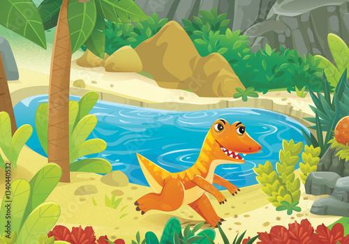 cartoon dinosaur land scene with animal dino in the jungle illustration for the children
