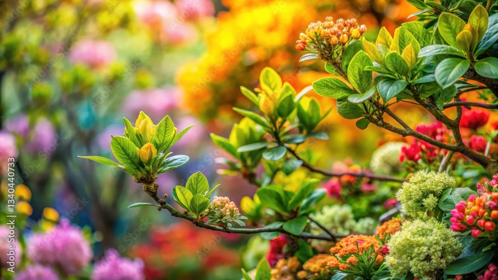 Dense foliage with vibrant green leaves and bursting buds in early spring, set amidst a tapestry of colorful flowers in bloom , bursting buds, early spring Dense foliage with vibrant green leaves and bursting buds in early spring, set amidst a tapestry of colorful flowers in bloom , bursting buds, early spring