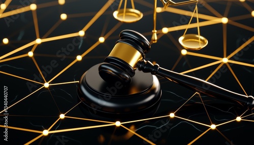 Ethical AI in legal proceedings, futuristic justice with technology integration, gavel and golden scales reflecting modern law innovations