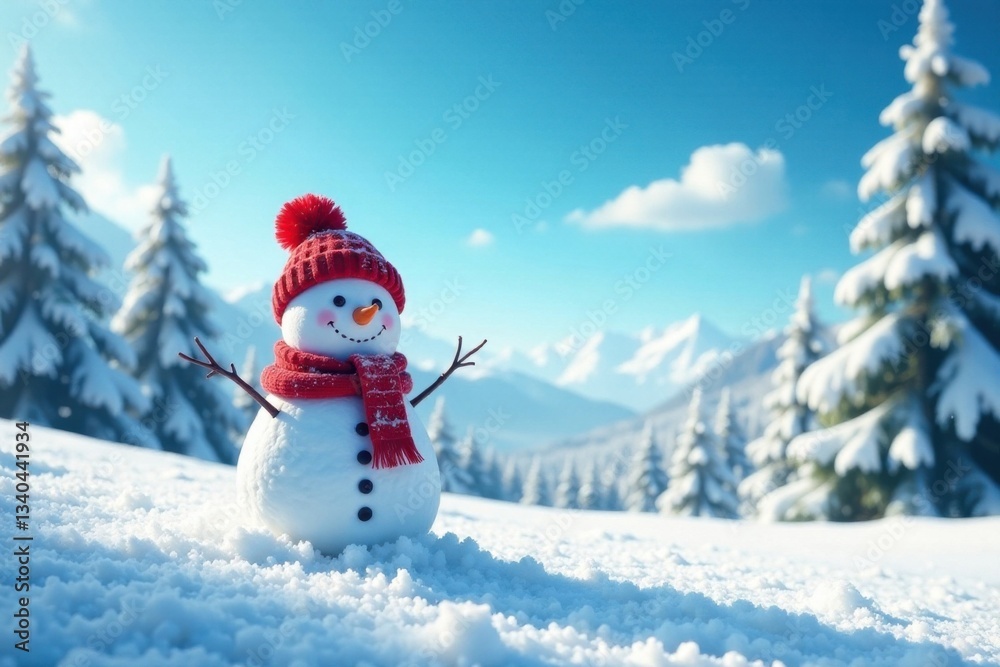 Fototapeta premium Snowy landscape with happy snowman in the foreground, surrounded by trees and a clear blue sky , snowflakes, snowy forest, winter scenery