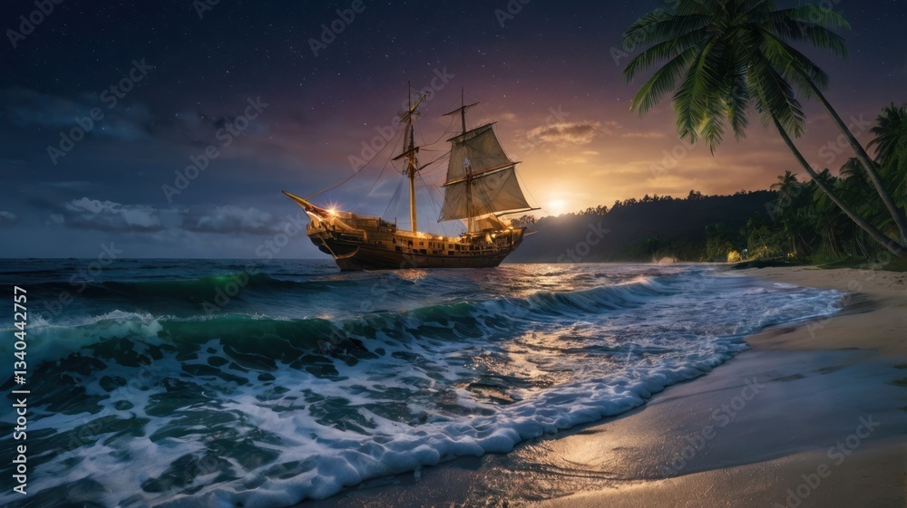 Antique ship at sunset beach. Tropical night scene. Possible use Stock photo Antique ship at sunset beach. Tropical night scene. Possible use Stock photo