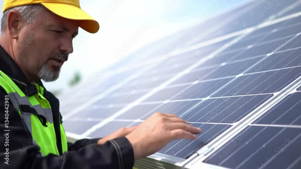 Solar technician checking photovoltaic installation, monitoring panel efficiency and clean energy production Solar technician checking photovoltaic installation, monitoring panel efficiency and clean energy production