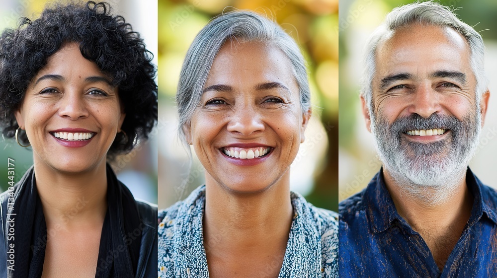 Diverse individuals smiling warmly, radiating joy and connection in a close-up portrait. Diverse individuals smiling warmly, radiating joy and connection in a close-up portrait.