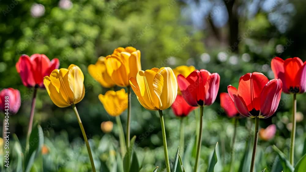 Bright tulips bloom in a vibrant garden during springtime, showcasing different colors and enhancing the natural landscape Bright tulips bloom in a vibrant garden during springtime, showcasing different colors and enhancing the natural landscape