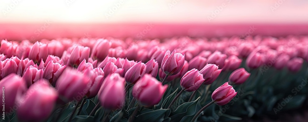 Obraz premium Macro flowers landscapes idea. A vibrant field of blooming pink tulips under a soft morning light.