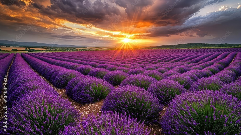 Macro flowers landscapes idea. Vibrant lavender field at sunset with dramatic clouds and golden light. Macro flowers landscapes idea. Vibrant lavender field at sunset with dramatic clouds and golden light.