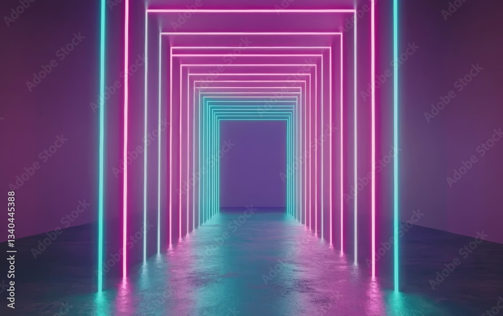 Fototapeta premium High-tech neon pathway with glowing purple and blue light beams, sleek futuristic digital perspective