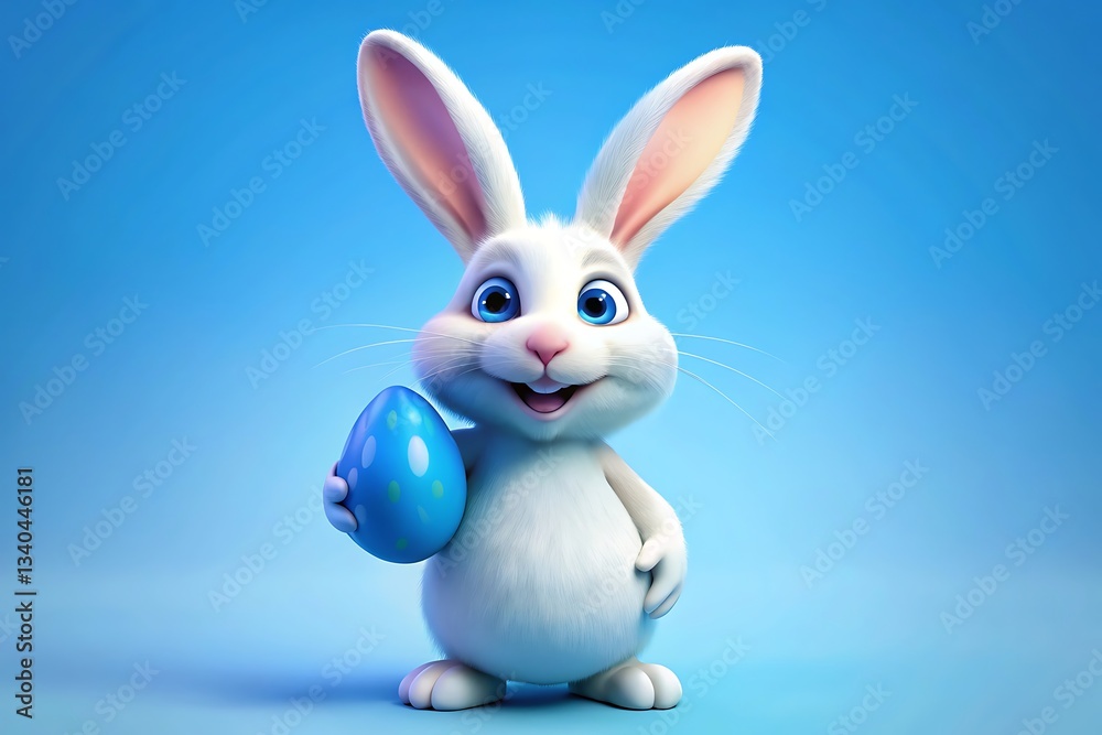 Obraz premium Cute cartoon easter bunny holding a blue egg on blue background