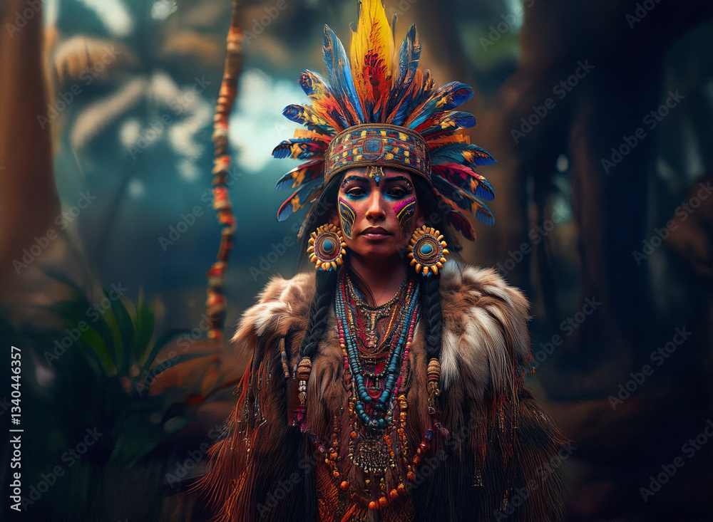 Fototapeta premium A woman adorned with vibrant feathers and tribal jewelry stands serenely amidst a lush, verdant background of tropical foliage.