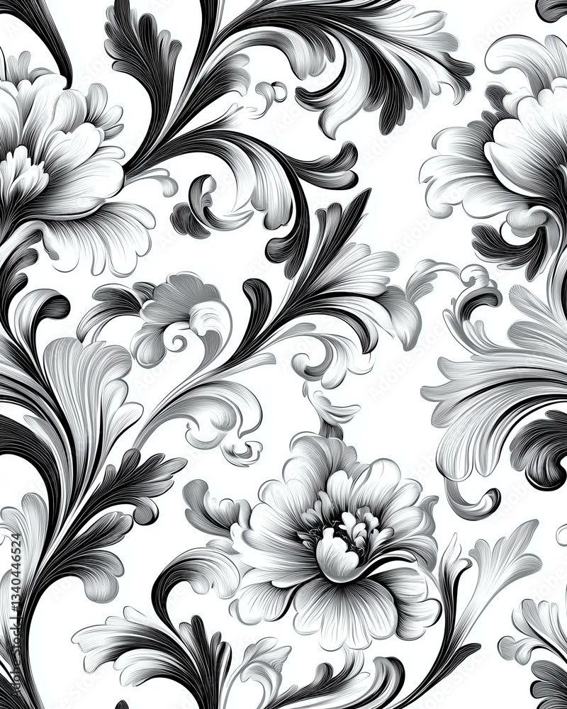 Elegant black and white floral pattern featuring intricate designs and smooth lines. Elegant black and white floral pattern featuring intricate designs and smooth lines.