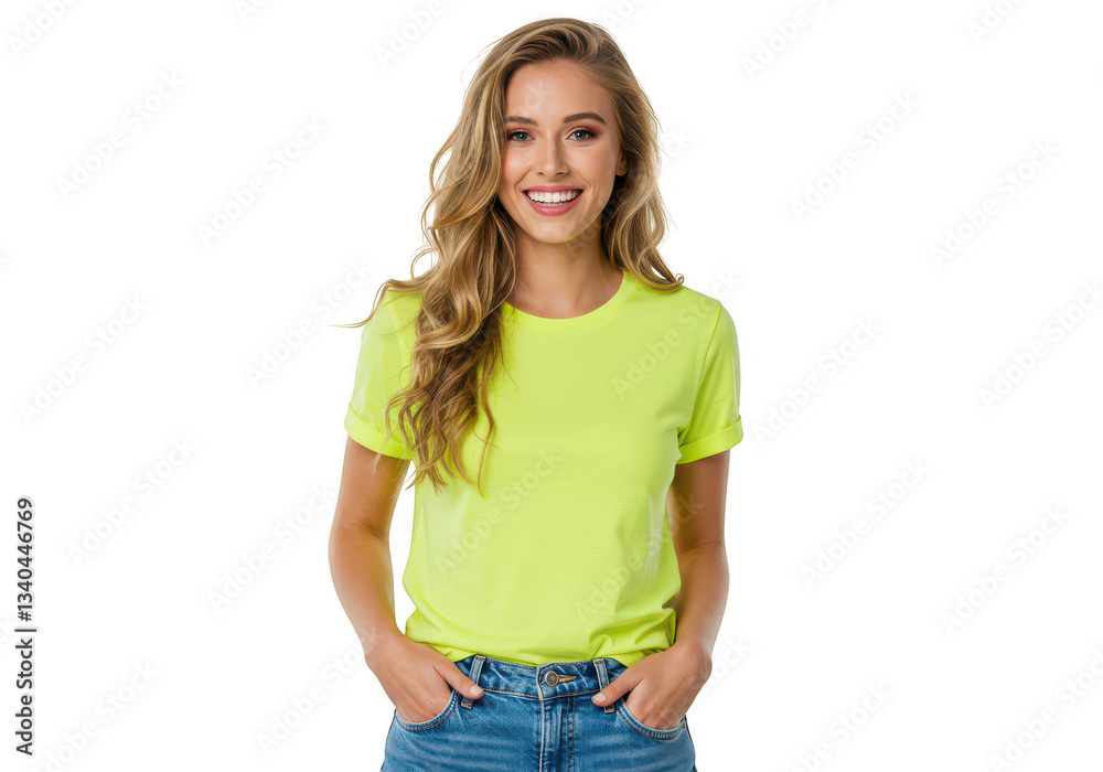 A smiling woman with blonde hair wearing a yellow shirt and jeans A smiling woman with blonde hair wearing a yellow shirt and jeans