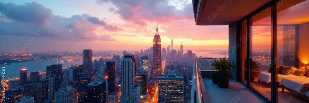Fototapeta premium Stunning cityscape view from a luxurious apartment balcony, modern, upscale, apartment