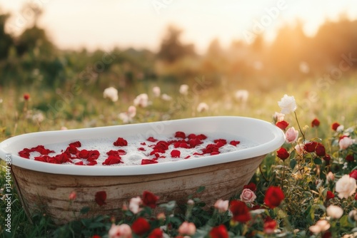 A freestanding clawfoot bathtub in a rustic garden, filled with bubbles and rose petals, with a sunny meadow in the background