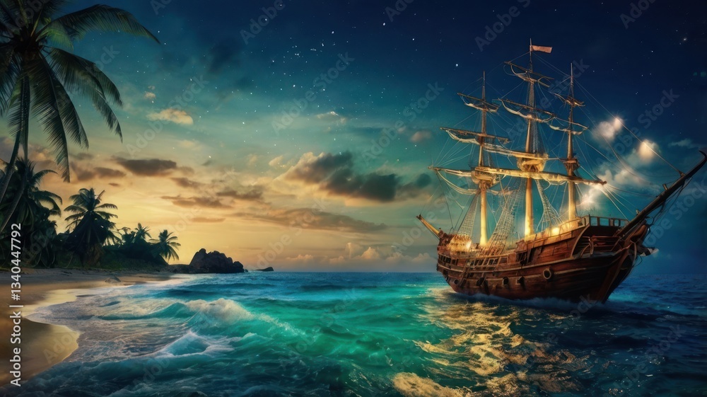 Fototapeta premium Pirate ship at dawn, tropical beach, fantasy scene, stock photo