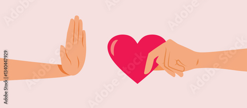 Person Refusing Love and Affection Vector Concept Illustration. Boyfriend rejecting the love proposal having intimacy issues 
