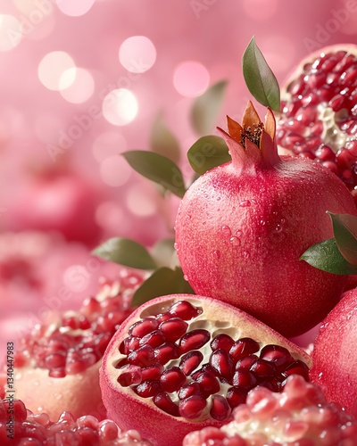 A vibrant arrangement of pomegranates showcasing their juicy seeds. The lush red and pink colors highlight freshness and vitality, making it perfect for food-related themes.