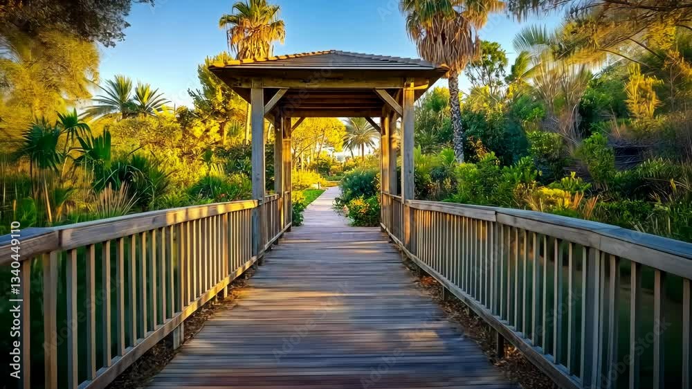 Scenic wooden bridge leading to a lush garden during sunset in a tropical park Scenic wooden bridge leading to a lush garden during sunset in a tropical park