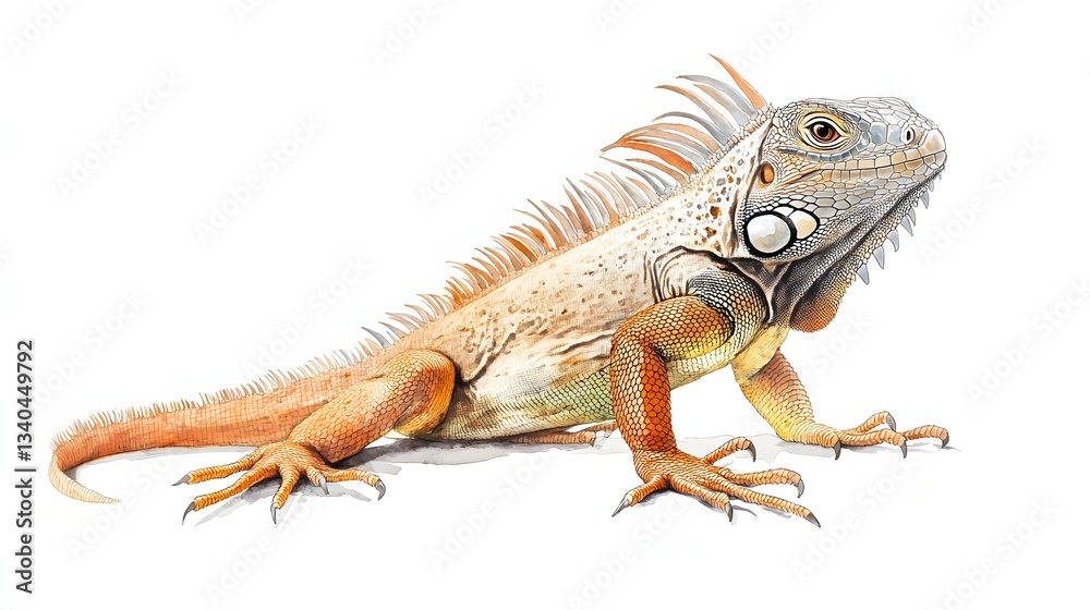 Obraz premium Watercolor painting displays a magnificent iguana with striking orange hues