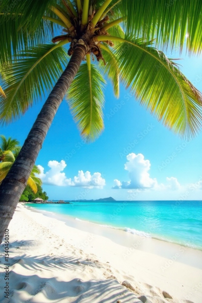 Fototapeta premium tranquil beach scene with swaying palms and turquoise water on a sunny day, tropical, turquoise, warm light