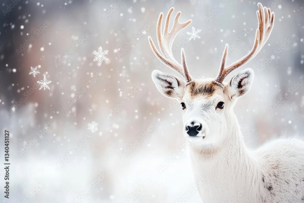 A mystical scene of a Northern Whale Deer standing in a glowing Arctic glade surrounded by enchanted snowflakes, with its antlers emitting a soft magical light A mystical scene of a Northern Whale Deer standing in a glowing Arctic glade surrounded by enchanted snowflakes, with its antlers emitting a soft magical light