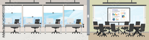 Wide office background, Empty working area with no people, Modern office interior, Skyscraper office with city view, Meeting room working space interior horizontal background.