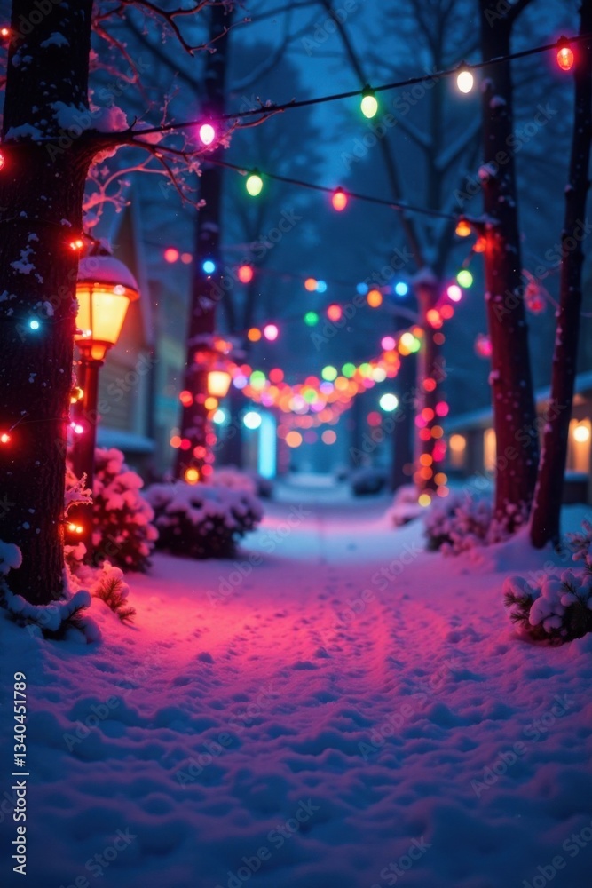 Fototapeta premium Vibrant display of colorful Christmas lights in a winter wonderland scene , red, winter