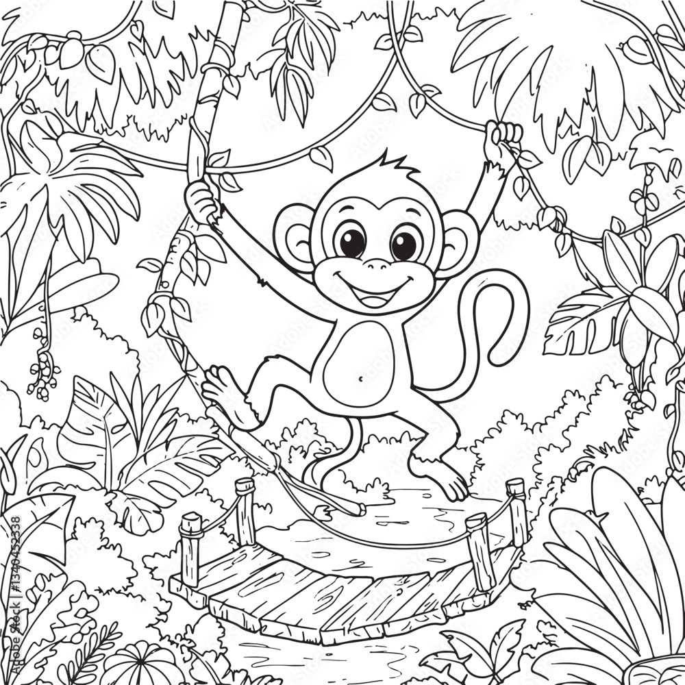 Fototapeta premium Wild Animals Coloring Page, EPS10, Black Line on White Background, Monkey