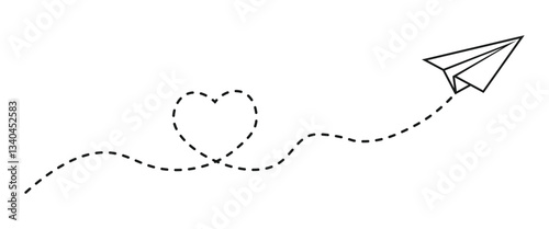 Paper plane with heart shaped dotted line. transparent png and vector illustration.