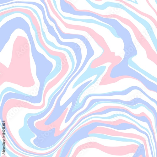 Abstract pattern with swirling pastel lines in pink, blue, and white. The wavy design creates a fluid movement, resembling a marbled effect.