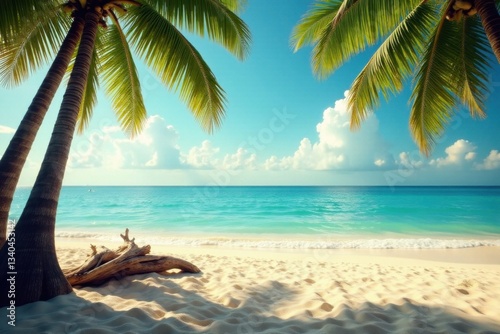 Vintage toned beach scene with palm trees and driftwood, wood, beach