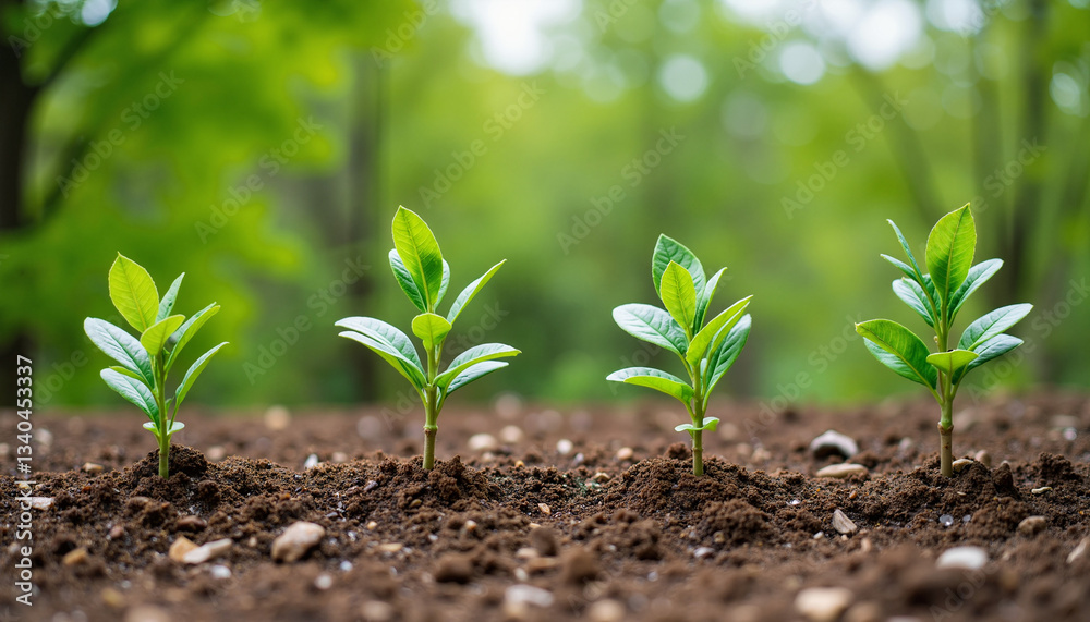 Newly planted trees growing in forest soil, environmental sustainability