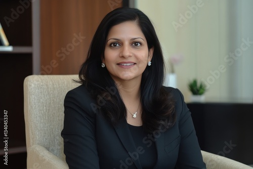 A confident Indian woman in business attire, participating in a virtual conference call while seated in her modern office chair, discussing business matters.