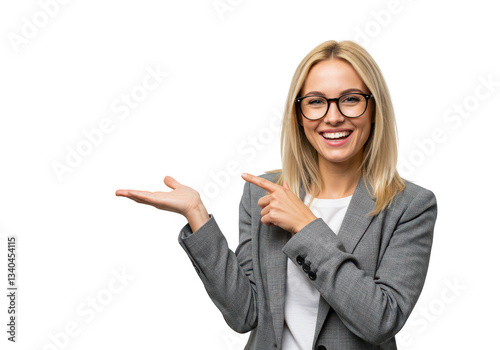 Smiling woman in blazer and glasses pointing to the side with an open hand