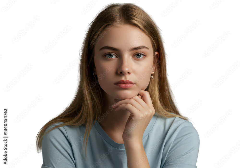 Portrait of a young woman with blonde hair and blue eyes resting her chin on her hand looking serious Portrait of a young woman with blonde hair and blue eyes resting her chin on her hand looking serious