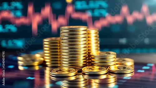 Stacks of shiny gold coins on a financial chart background depicting cryptocurrency trends and analysis