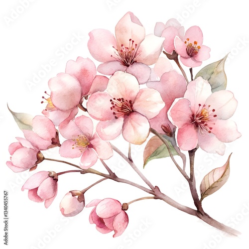 Delicate pink cherry blossoms bloom, a soft floral whisper against a pure white backdrop watercolor artwork illustration