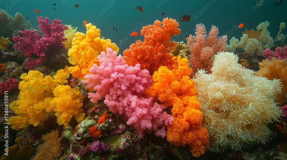 Naklejka premium Vibrant Coral Reef Scene with Colorful Plants and Flowers